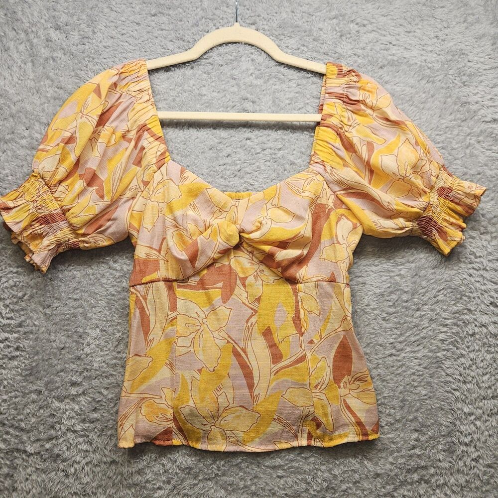 Nine West Womens Orange Floral Blouse Size XS Hawaiian Empire Waist Puff Sleeve
